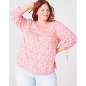 NEW Lane Bryant Blouse Top Classic V-Neck Shirred Sleeve Pink White 18 Relaxed